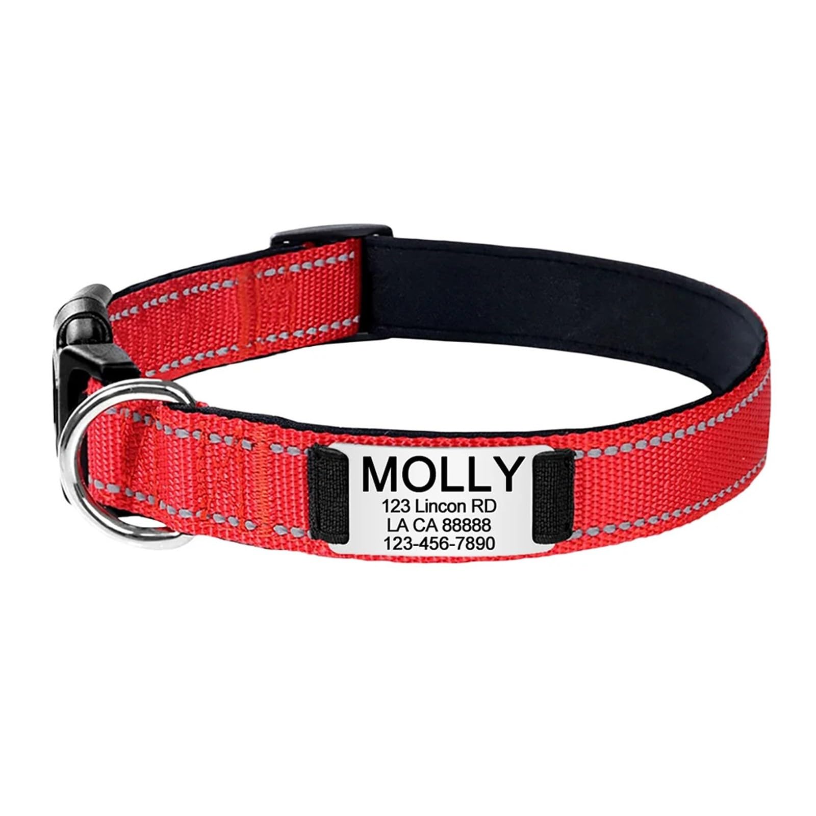 Personalised Dog Collar with Engraved Metal Buckle, Reflective Nylon Collars for Small Medium Large Dogs with Custom Name Plate Phone Number (Red)