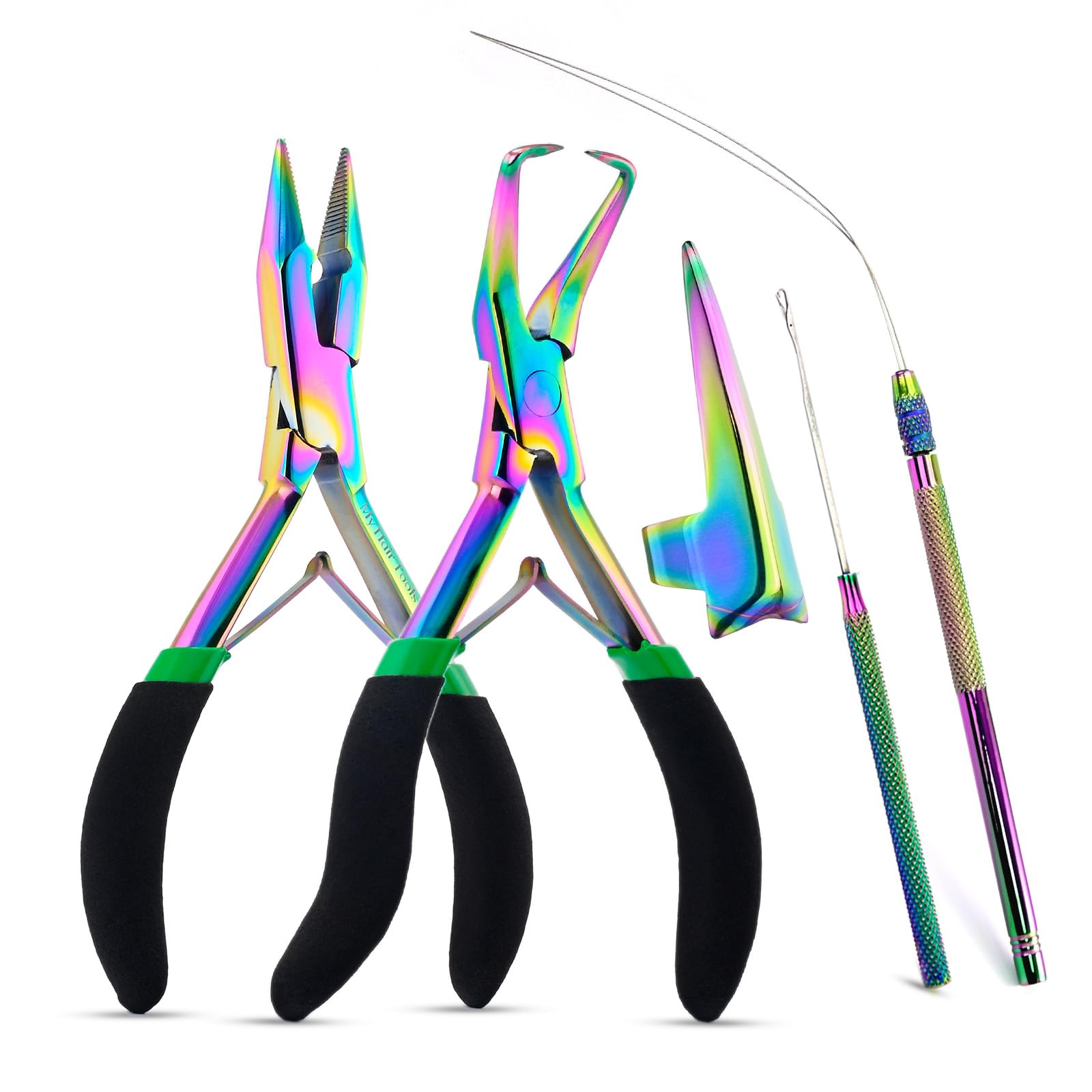 Rainbow Professional Hair Extension Tools Kit - Complete Set with Microbeads Crimping Plier, Micro Ring & Tape-in Remover Plier, Hair Parting Tool,