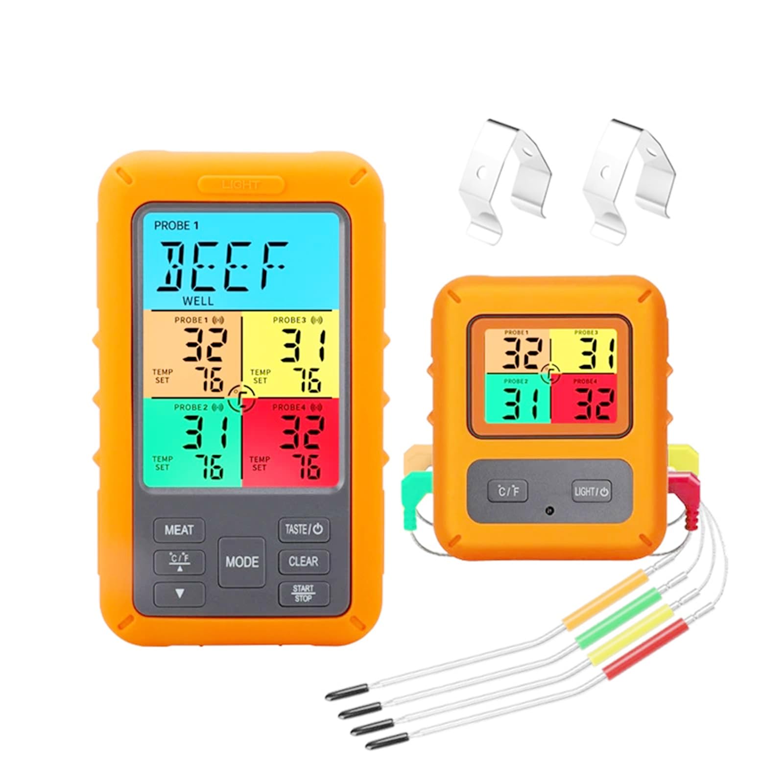 KUIDAMOS Fortschrittliches Kabelloses Fleischthermometer mit 4 Sonden für den Grill, Lebensmittelthermometer mit Farbdisplay, Intelligente Warnungen, Geeignet für Kochliebhaber Im Innen- und (Orange)