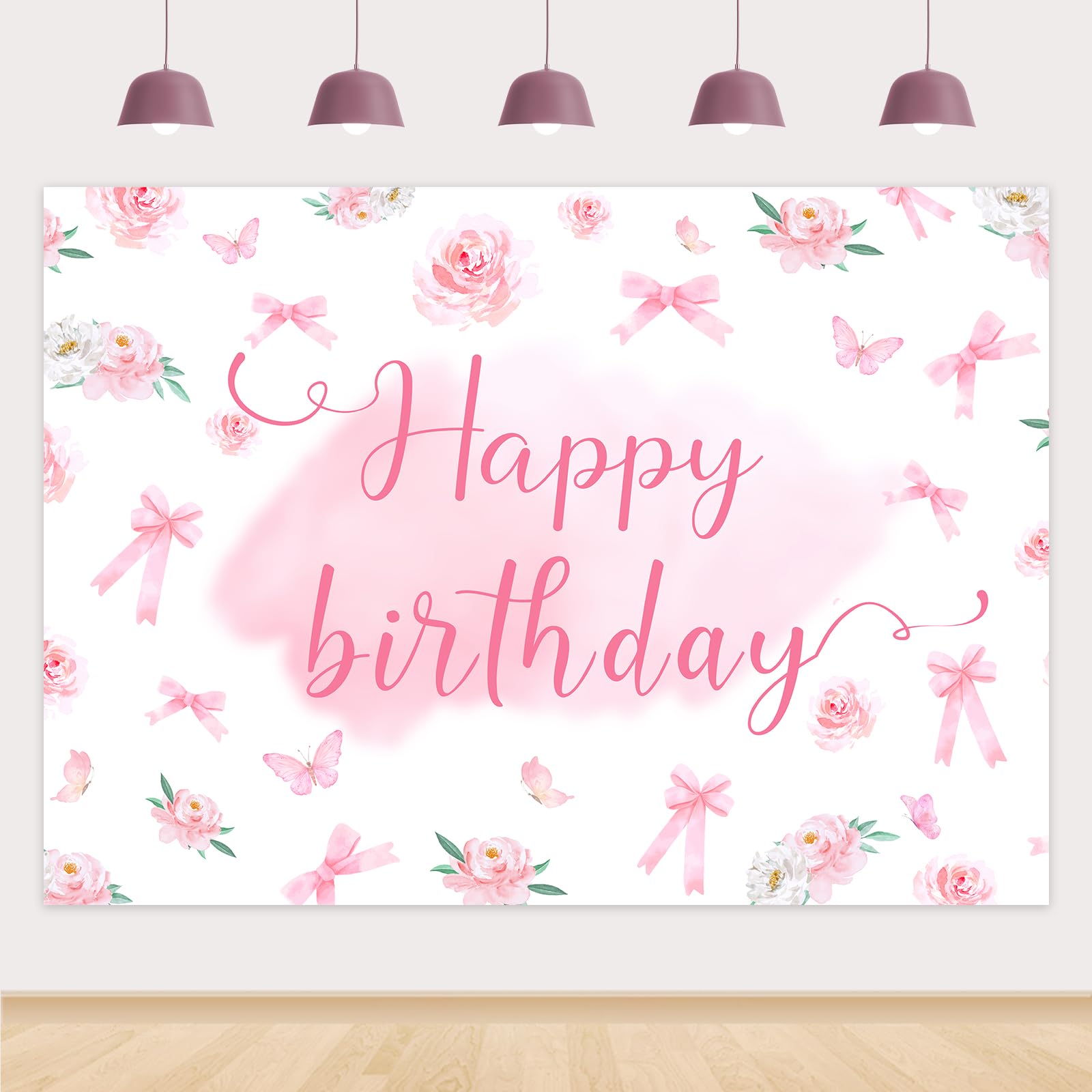 SHADOAMP Pink Bow Birthday Decorations, Pink Bow Happy Birthday Party Backdrop Banner 7 x 5 ft Floral Photography Background for Girls Birthday Party