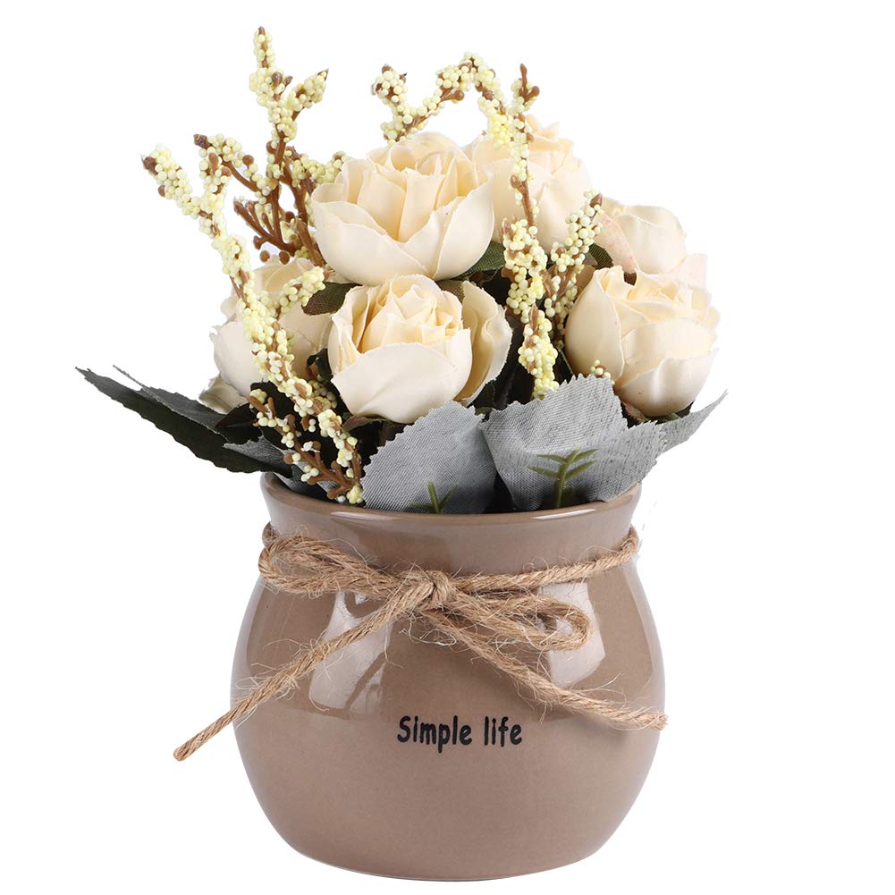Flores Artificiales con Jarrón de Cerámica, Arreglo Floral de Rosas de Seda Centros de Mesa para la Decoración de la Mesa del Comedor