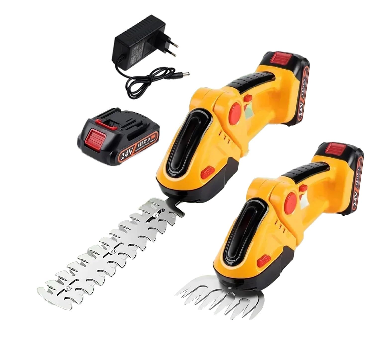 2 in 1 Tagliasiepi Batteria e Accorciatoie, 21 V Elettrico con Batteria da 2000 mAh e Caricabatterie, Utensili da Giardino, Forbici da potatura, Forbici da Prato (Giallo con 1 Batteria)
