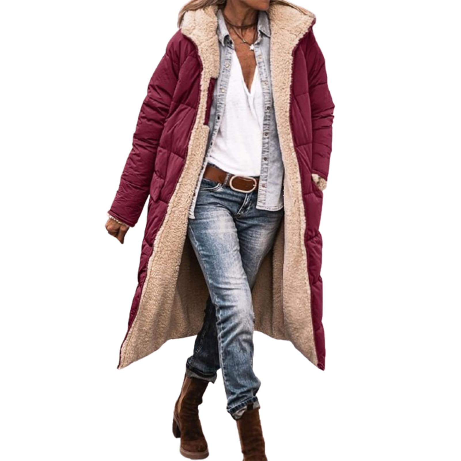 Qingxingfa Women's Wine Red ’S Long Quilted Puffer Coat With Hood – Warm Fleece Lined Oversized Winter Jacket (,S)