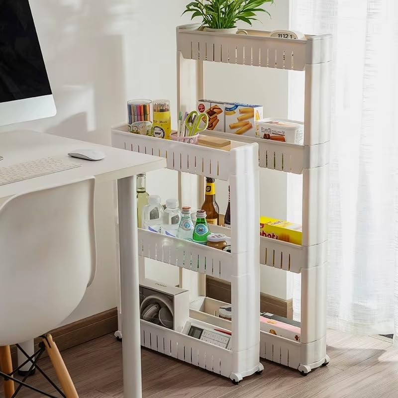 Image of JD Fresh 5-Tier Slim Rolling Storage Organizer Rack /Fridge Side Storage Rack /Plastic Trolley Storage Stand with Wheels /Floor Standing Cabinet for Bathroom and Kitchen Corner Area (White)