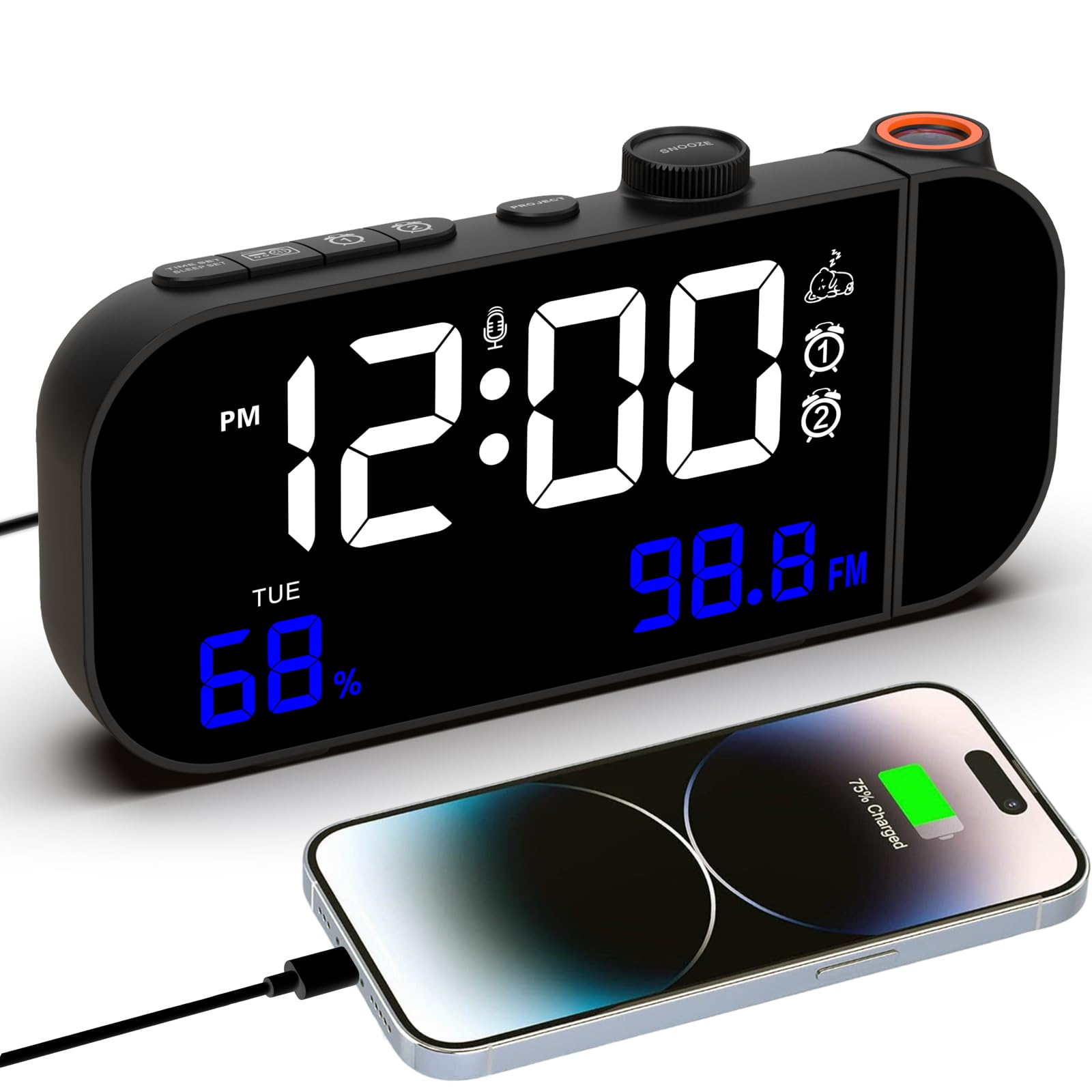 VORRINC Projectiewekker, 15 inch digitale wekkerradio met grote cijfers, dubbel alarm, snooze, temperatuur, luchtvochtigheid, helderheid en volumeinstelling, USB C oplaadpoort, zwart VORRINC Projectiewekker, 15 inch digitale wekkerradio met grote cijfers, dubbel alarm, snooze, temperatuur, luchtvochtigheid, helderheid en volumeinstelling, USB C oplaadpoort, zwart