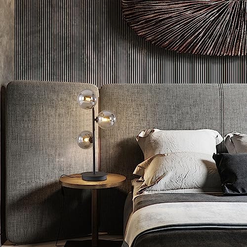 Image of Mid Century Modern Table Lamp, Black 3 Light Reading Lamp with Smoky Grey Glass Shade, Bedside Lamp for Bedroom Living Room Study Room