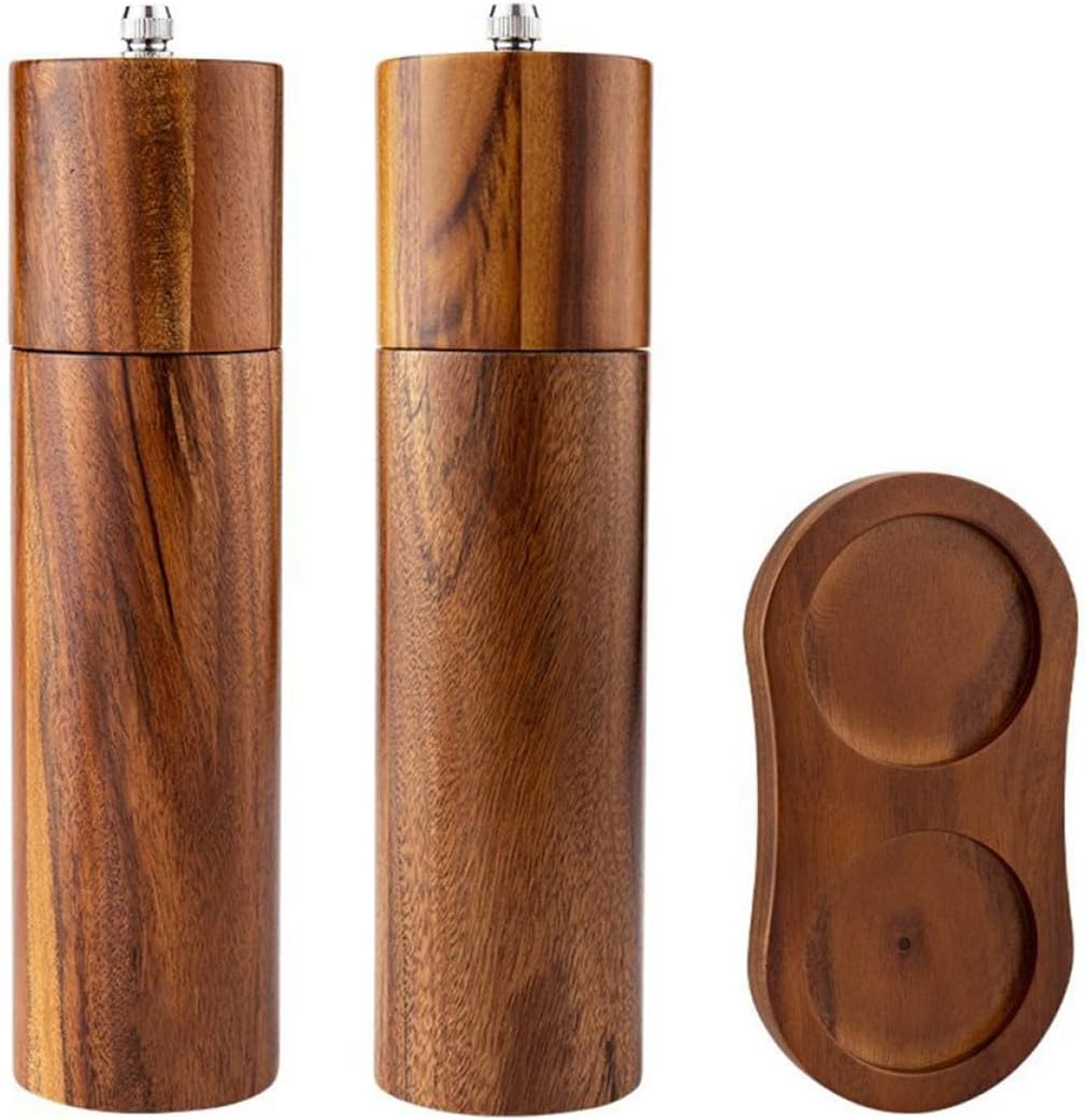 Zerodeko Manual Acacia Wood Pepper and Salt Mill Set with Ceramic Grinder Core, 8-inch Refillable Spice Grinder and Tray for Kitchen Dining Use