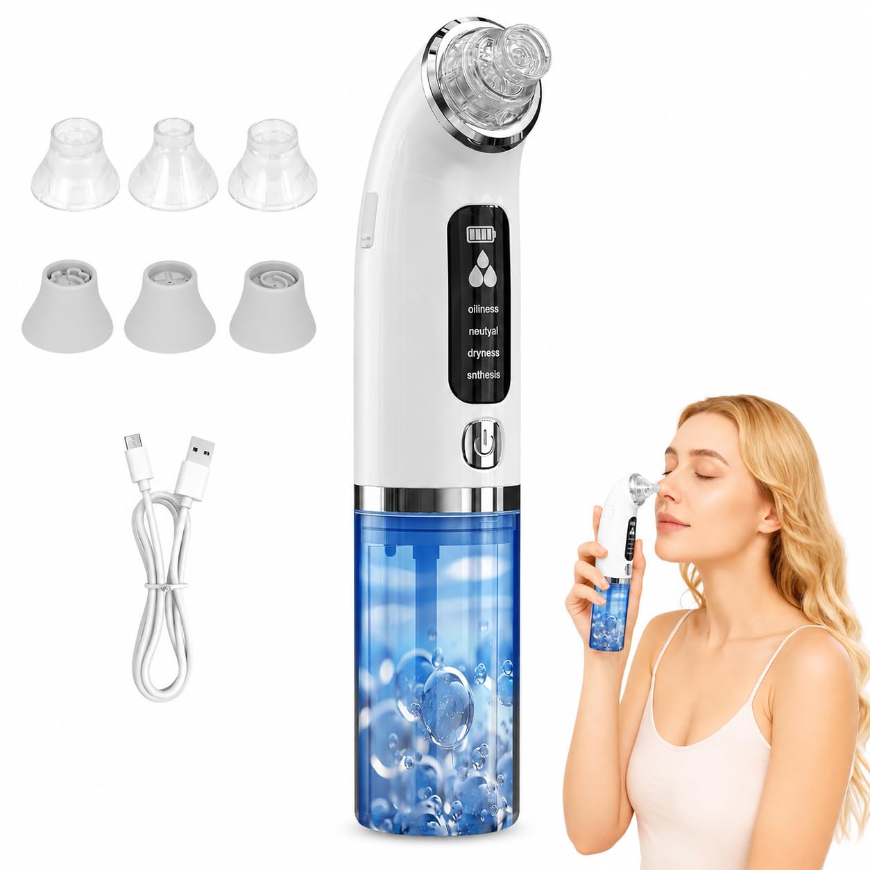 Pulitore per i punti neri con serbatoio d'acqua visibile, 75 kPa forte assorbenza, 4 modalità e 6 accessori per la pulizia del viso, acne e punti neri, rimozione dei punti neri