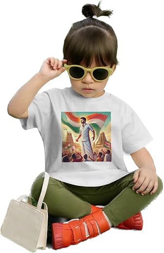 Veztyle Fashion Kids T-Shirt, White, Cotton, Vijay with India Flag Design Print, Crew Neck, Half Sleeve, Unisex Regular Fi...