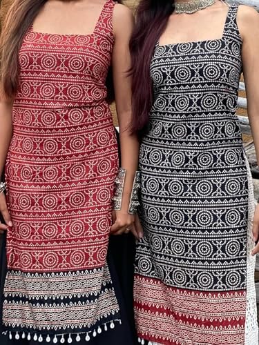 Image of Women's Sleeveless Ajrak Print Kurti, Pure Cotton Straight Fit Straight Cambric Jaipuri Printed Kurti