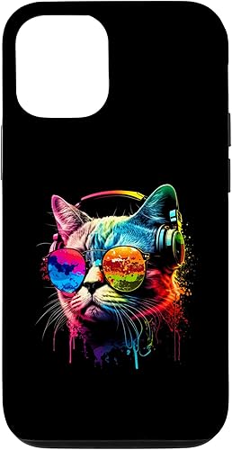 Funda divertida para iPhone 13 Pro DJ Cat con gafas de sol, auriculares y música