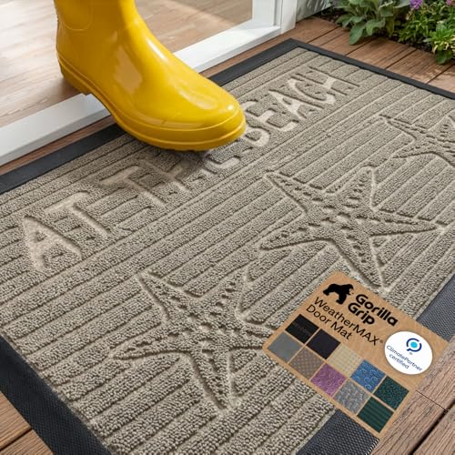 GORILLA GRIP 100% Waterproof All-Season WeatherMAX Doormat US Designed Natural Rubber Stain and Fade Resistant Low Profile Indoor Outdoor Door Mats Easy Clean Patio Mat 29x17 Sand Beach