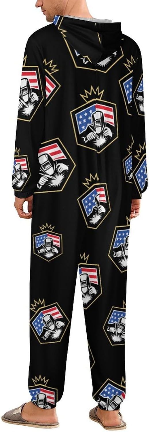 Welding U.S.A. Welder Flag Adult Pajamas Onesie with Hood Pocket Jumpsuits One Piece Sleepwear