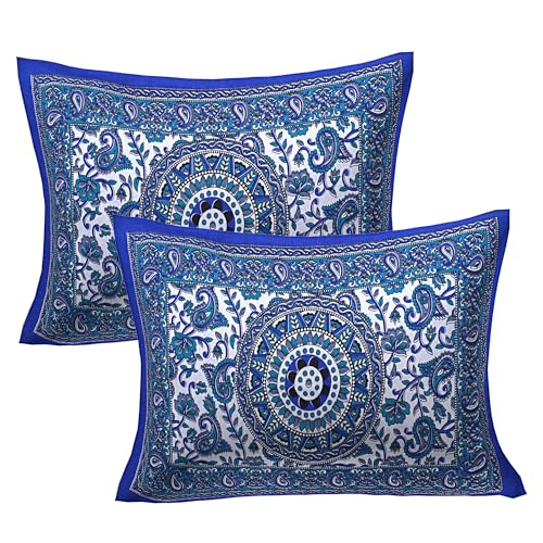 Image of Floral Printed Bedsheet for Double Bed Queen Size with 2 Pillow Covers | 144 TC Soft Cotton Blend Bed Sheet | 90x100 Inch | 18x27 Inch Pillow Covers | Blue | Comfortable Bedding Set