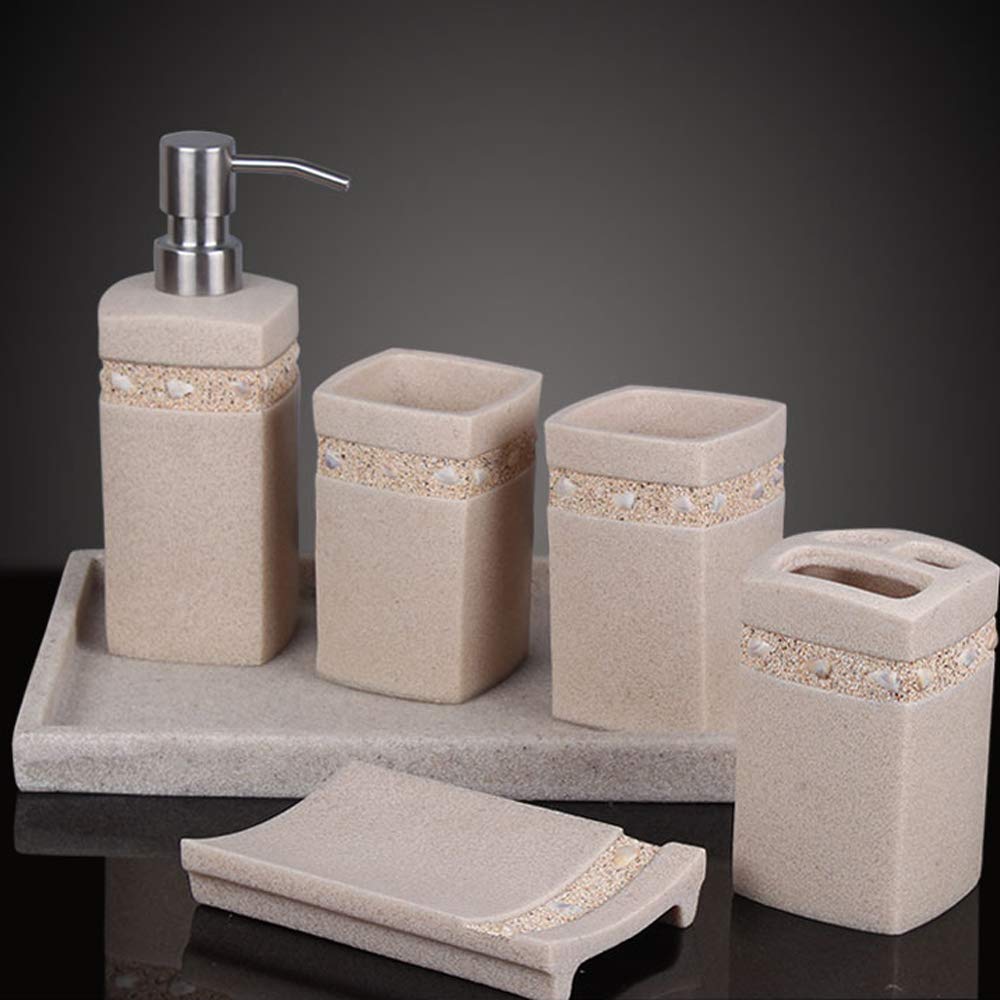 Estilo Moderno Juego de Accesorios de Baño de Resina Conjunto de Baño con Porta Cepillo de Dientes, 2 Tazas, Dispensador de Jabón Líquido, Jabonera, Arena Creativa,with Right Angle Tray