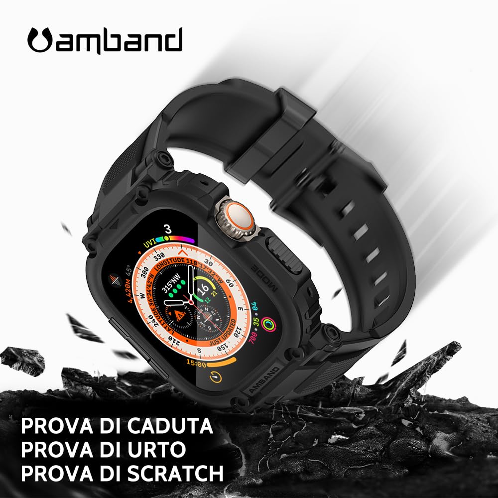 amBand Cinturino Custodia Protezione Schermo Compatibile con Apple Watch Ultra 2/1 49mm, M1 Sport Serie Rugged Cover e 2 Pack Pellicola Vetro Temperato, Protettivo Militare per iWatch 49mm Uomo Nero