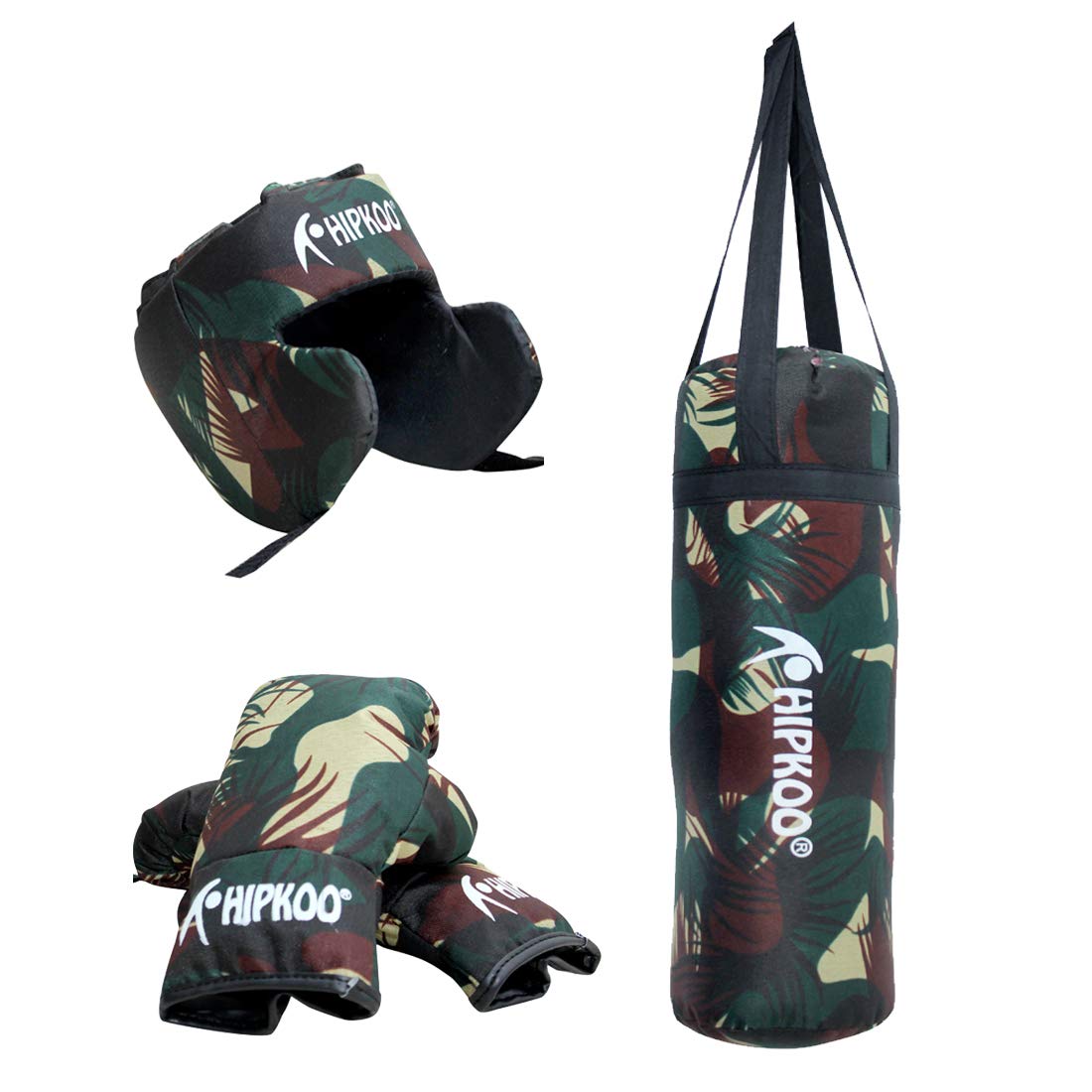 Hipkoo Sports Kids Champ Army Padded Boxing Set | 1 Punching Bag, 1 Head Guard, 2 Boxing Gloves | Boxing Training Punching Bag & Gloves for Boys & Girls | for 3 to 10 Years Kids (Set of 4)
