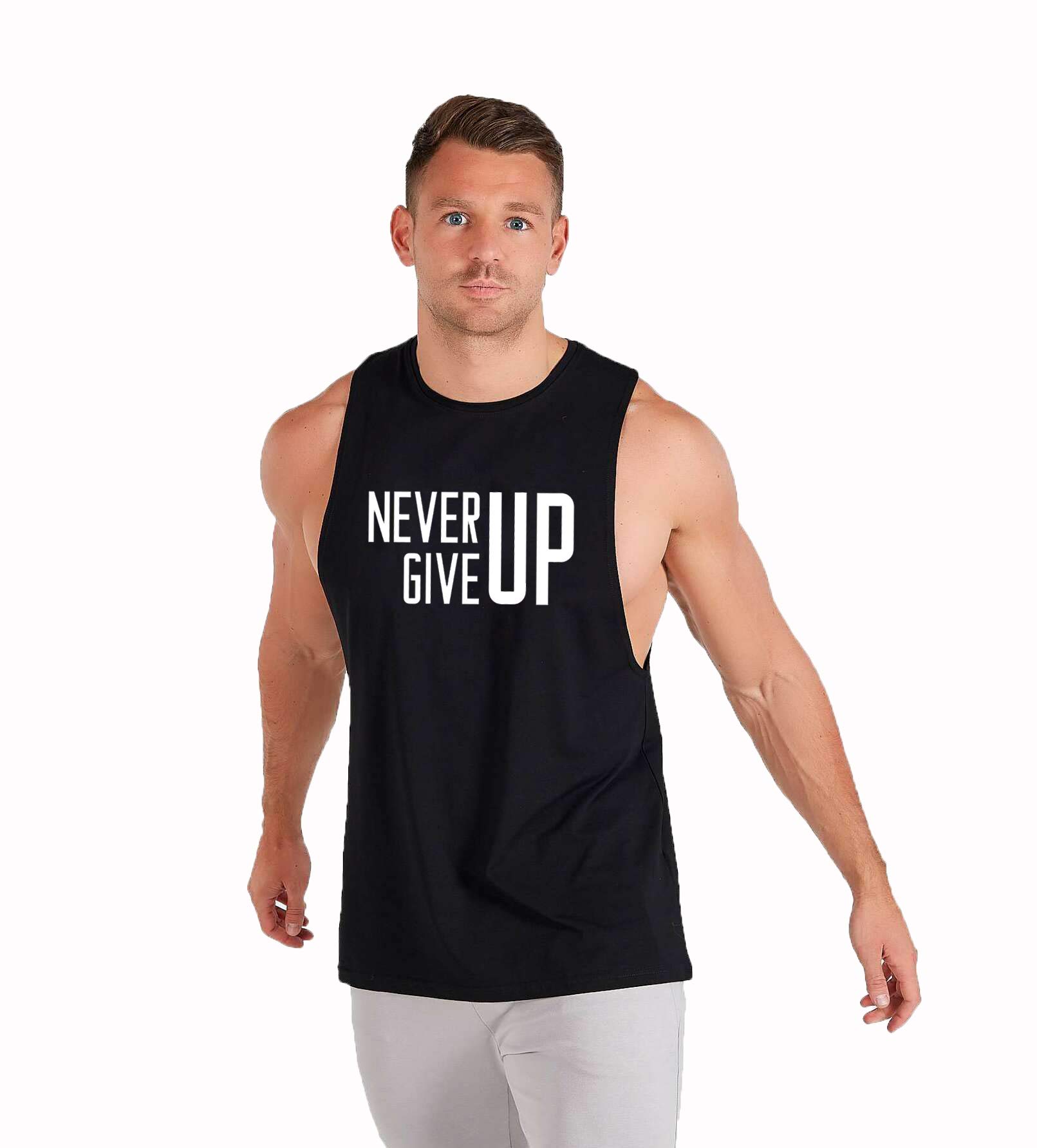 SOUTH CITYMen Black Cotton Workout deep Cut Sleeveless Tshirt -ngu