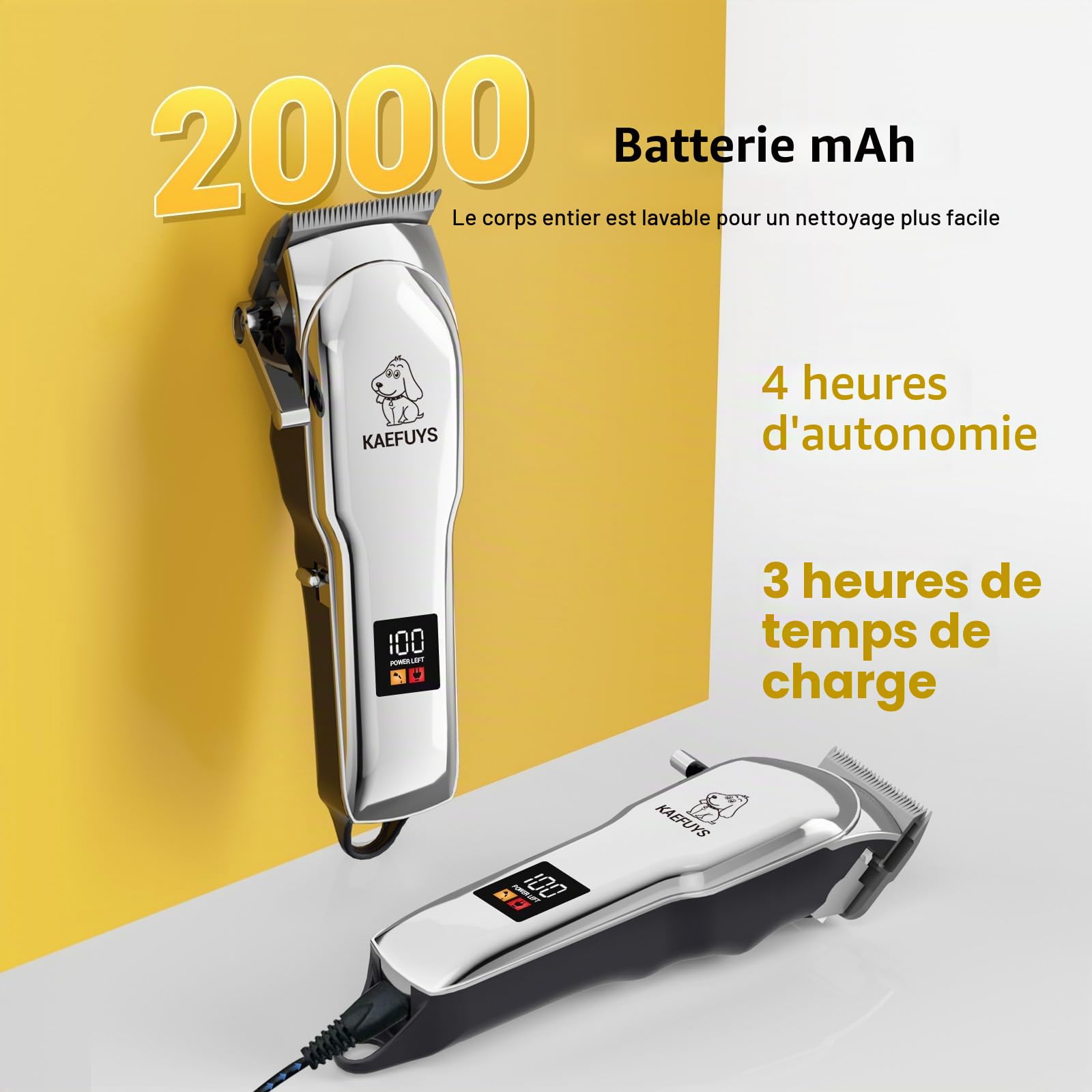 KAEFUYS Tondeuses Chiens Professionnelle IPX7 Tondeuse Animaux Sans Fil Faible Bruit Charge Rapide avec Ecran LCD et 6 Accessoires de Peigne Convient aux Grands Animaux de Compagnie