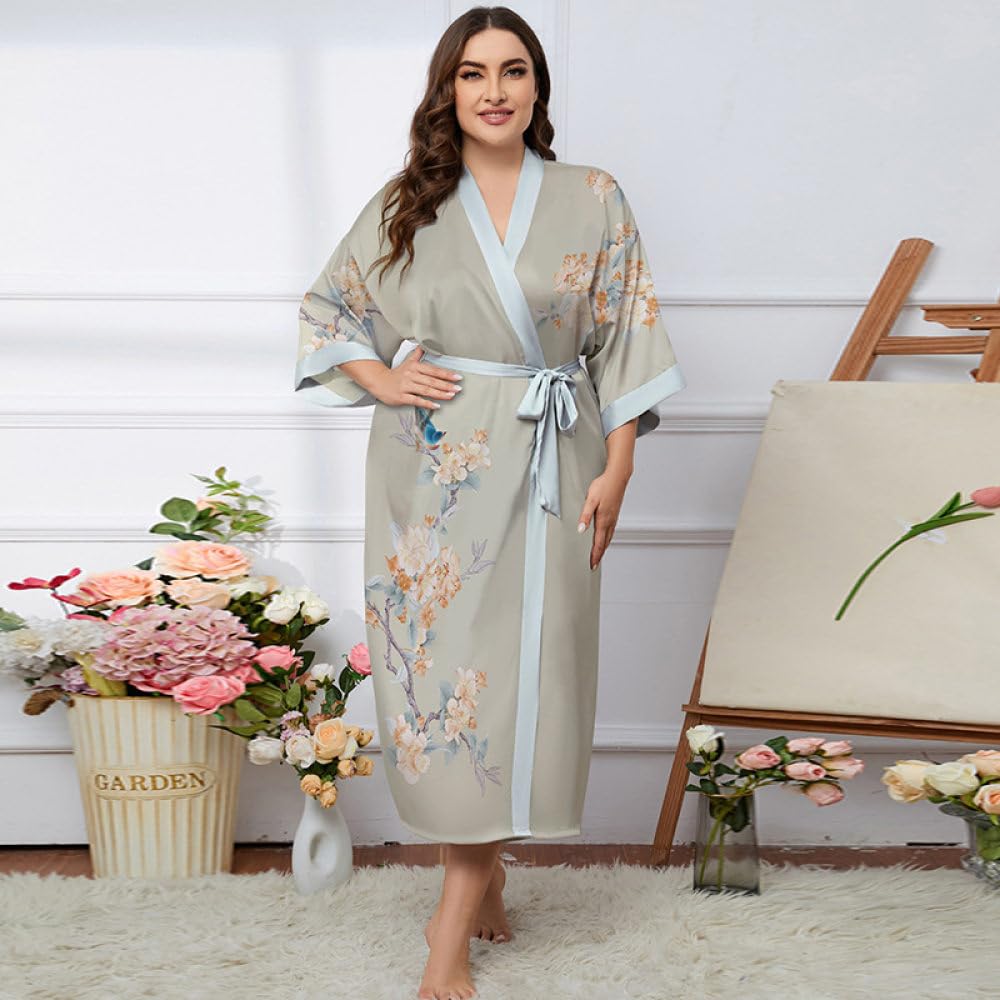 Damen Kimono aus Satin mit Blumenmuster Morgenmantel in Übergröße Seidig Lang Leicht Nachthemd mit V ausschnitt Weiches Loungewear Nachthemd