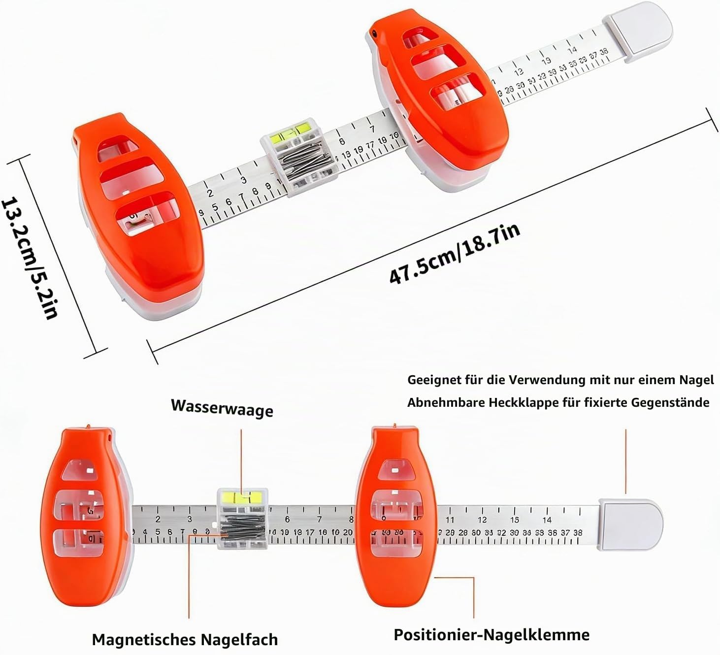 Level Ruler Bilder Aufhängung Tool mit Wasserwaage, 3-in-1 Präzisions Lineal mit Markierfunktion, Einfaches Bilder Aufhängen ohne Fehler, Vermeidet unnötige Löcher, für Rahmen, Spiegel & Wanddeko DIY