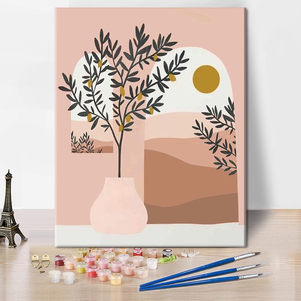 TISHIRON Easy DIY Beginners Acrylic Painting Paint by Numbers DIY Painting Kit Canvas Arch Window Abstract Plant Landscape for Home Wall Decor Art Craft 16x20inch