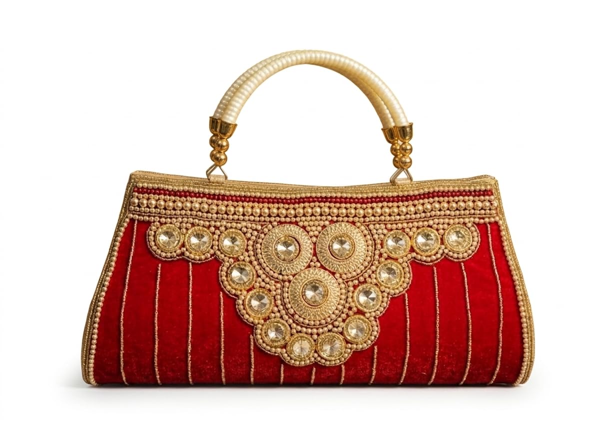 Women's Ethnic Handbag, Red and Gold, Velvet with Pearl Handle, Kundan Embellished, Bridal Potli Bag Packe of 01-picture-19
