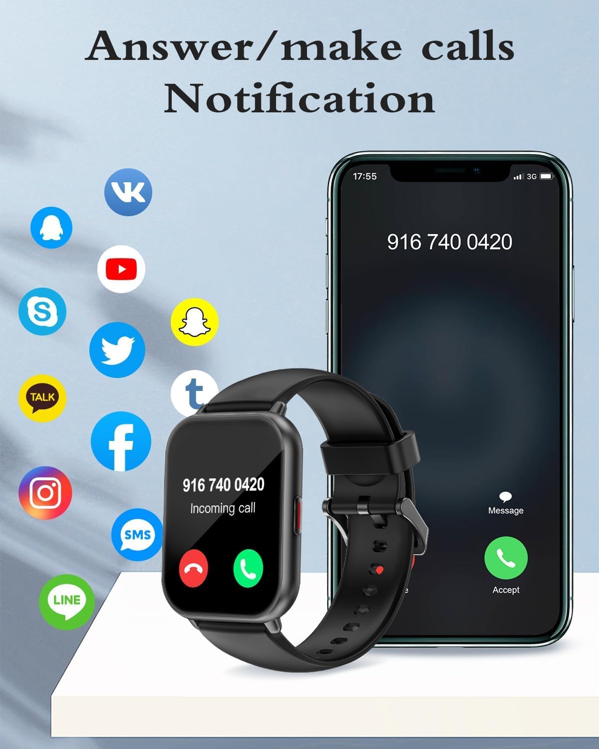 RUIMEN Montre Connectée Homme Femme avec Appel Bluetooth Smartwatch avec Podometre Cardiofrequencemetre Oxymetre Montre Sport pour iPhone Android Etanche IP68 Notification Chronometre Meteo Noir