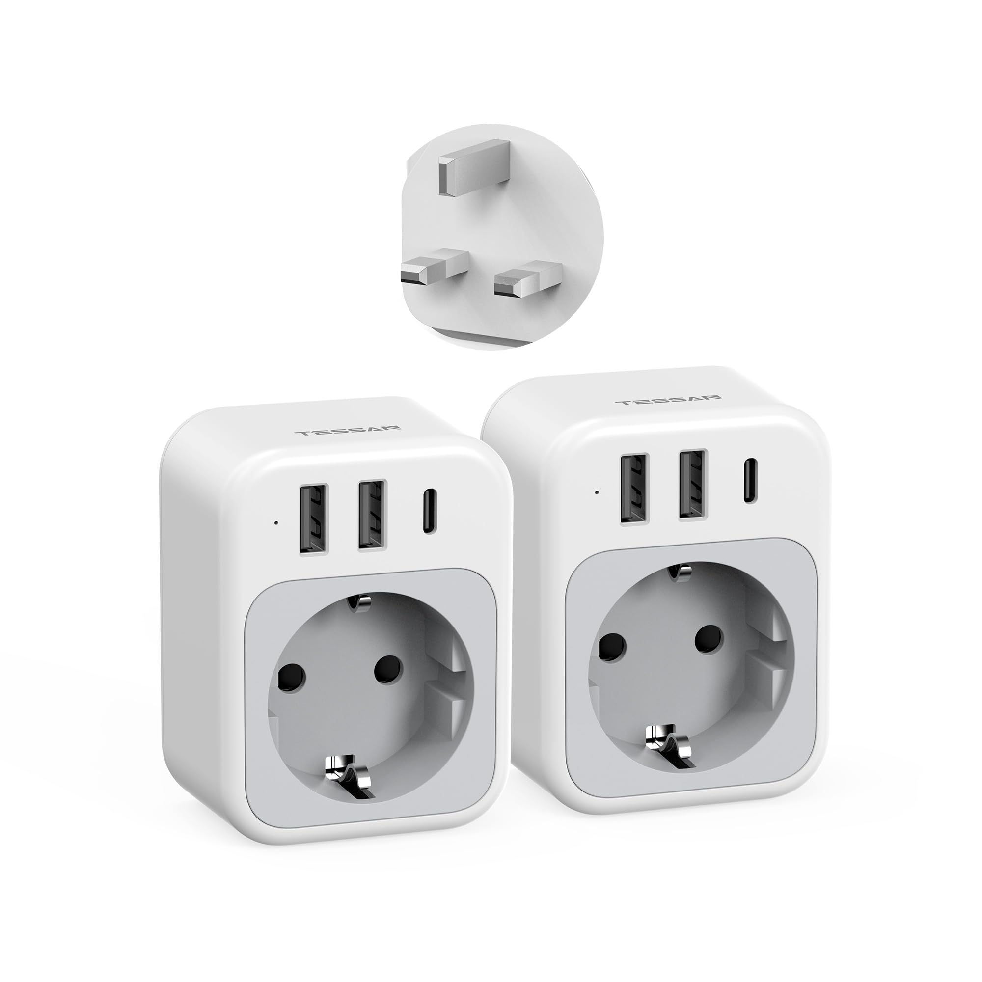 TESSAN 2er Pack UK Adapter England Deutschland Stecker, 4 in 1 Steckdosenadapter England mit USB C und 2 USB A, Reiseadapter UK 3250W, Adapter Typ G für Schottland Irland London Malta Dubai Maldives