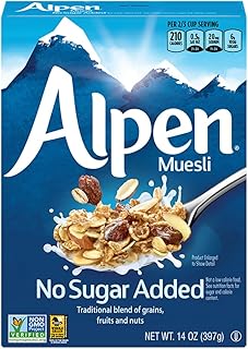 Alpen Muesli No Sugar Added Cereal, Heart Healthy Cereal with Wheat Flakes, Rolled Oats, Nuts and Raisins, Non-GMO Project Verified, 14 OZ Box (Pack of 6)