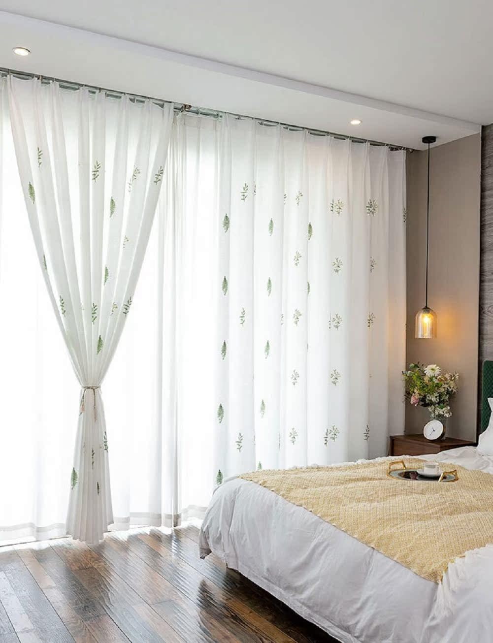 Pastoral Small Fresh Cherry Grass Embroidered 2 Panels Sheer Curtains Transparent Gauze Voile for Living Kids Room Bedroom Balcony(2 Panels, W 54 x L 72 inch, White)