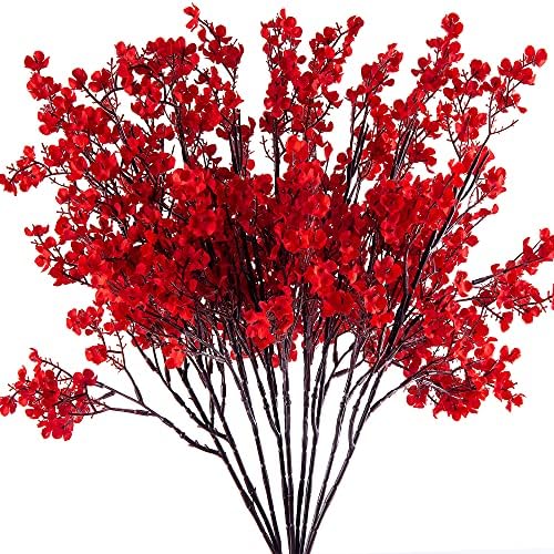 Lansdowns 10 Pcs Babys Breath Artificial Flowers Bulk Real Touch Flowers Fake Flowers Silk Flowers for Home Decor Indoor Floral Arrangement Table Centerpieces Festival Party Decor (Red)