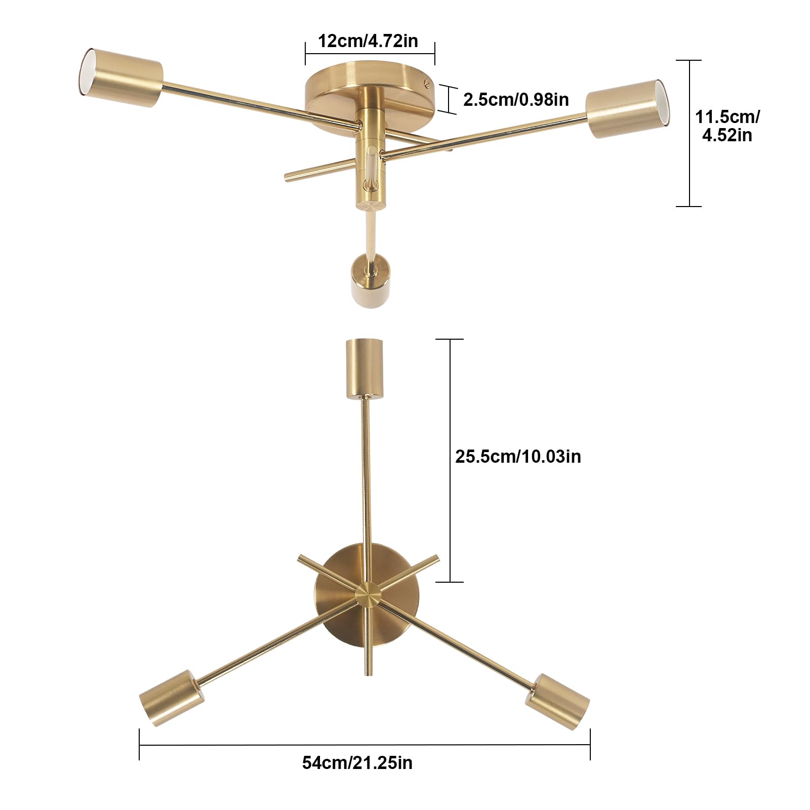 Riserva E27 Lustre Vintage Sputnik, 3 Lumières Plafonnier Industriel avec rotation de 180, Doré Plafonniers en Métal pour Salon Cuisine Salle à Manger Chambre