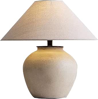 HvKvHvY Lámpara de mesa rústica de granja, moderna lámpara de mesa de cerámica blanca, lámpara de mesa estilo suroeste con pantalla de tela de lino para mesita de noche de dormitorio (grande)