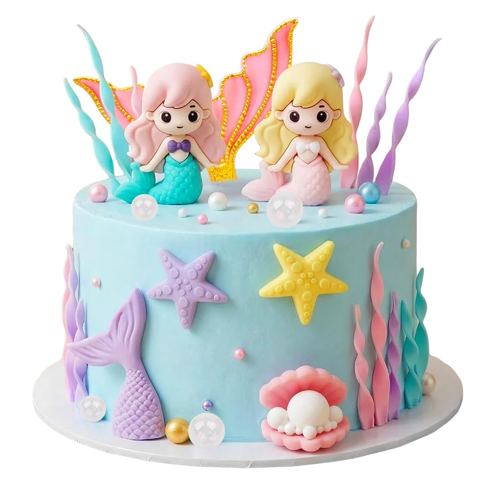 18 Pcs Mermaid Cake Decorations, Resin Underwater Cake Toppers with Mermaid Tail, Starfish, Seaweed, Pearl Shell & Iridescent Bubble Balls for Girls Birthday, Ocean Theme Party Supplies (18)