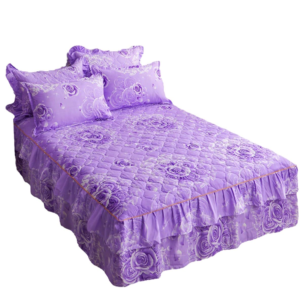 JDIUCDGV Full King Size 3Pcs Ruffled Bedspread Set 150/180 * 200cm Quilted Ruffle Bed Skirt in Polyester 40cm Draped Printed Background Fitted Sheet