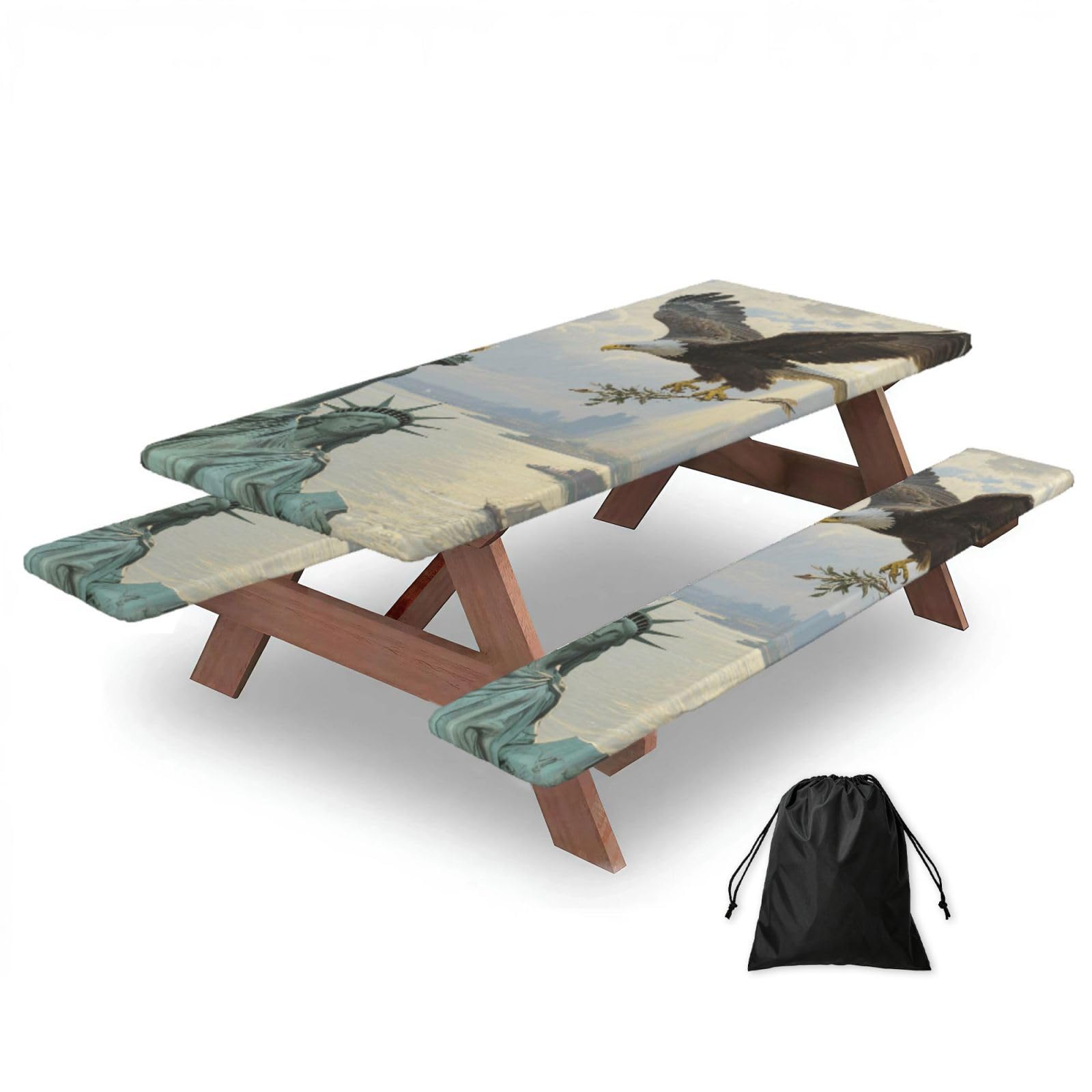 FekiLoot Patriotic American Eagle Picnic Table Cover with Bench Covers and Bag, Windproof Waterproof Rectangle Tablecloth with Elastic Edges Fitted Camping Table Covers for Picnic Party Travel