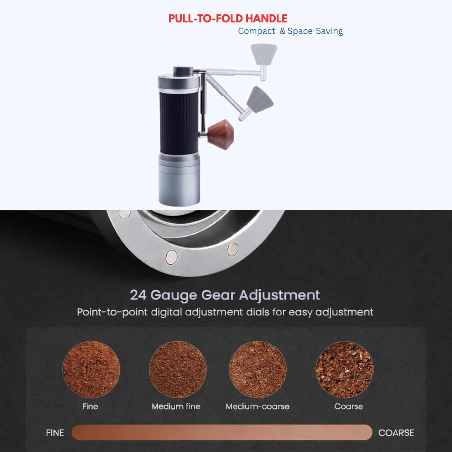 Manual Coffee Grinder – 7 Star Stainless Steel Burr, 36 Adjustable Grind Settings, Foldable Hand Crank, Portable Manual Espresso & Burr Coffee Grinder, Non-Slip Grip, 30g Capacity- Gray