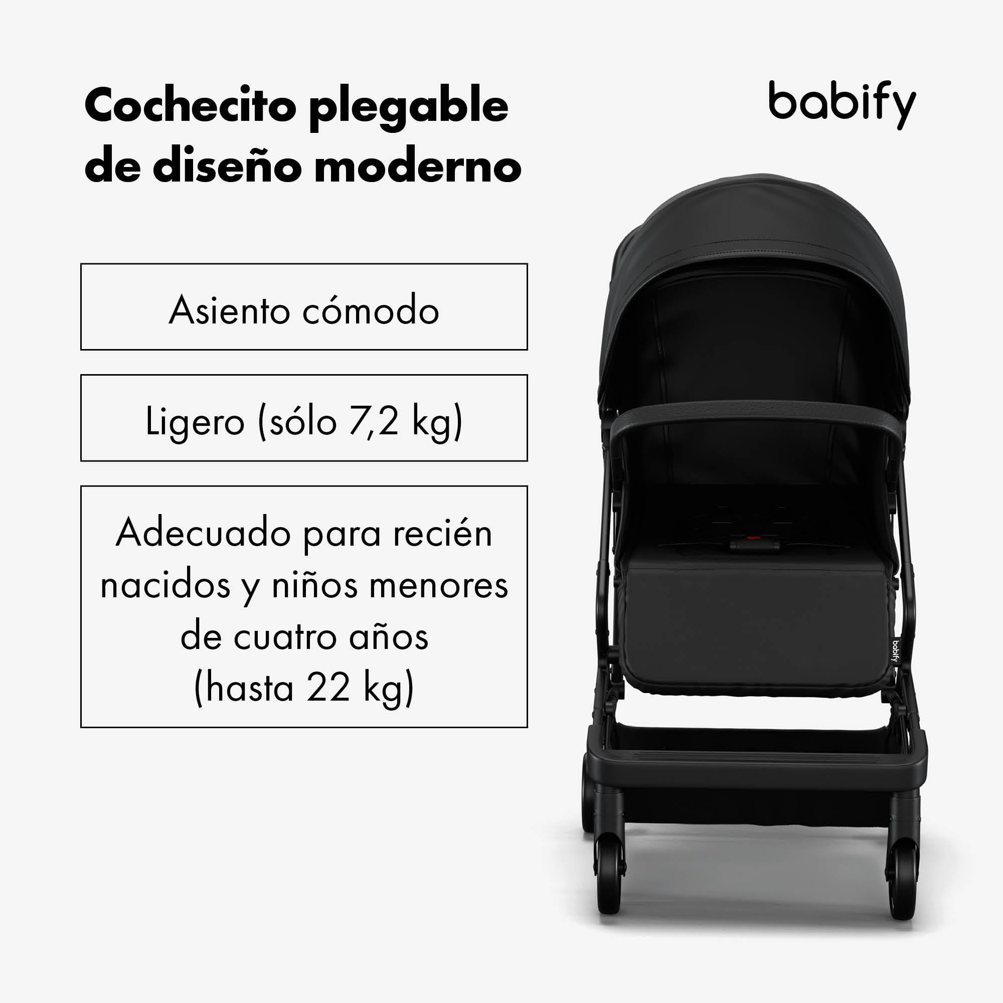 Babify Carrito Bebe Urban Ease - Desde Nacimiento a 4 Años (22 kg), Plegado con Una Mano, Reclinable, Reposapiés Ajustable, Revestimiento Extraíble, Cesta, Capota con Ventana, Silla Ligera, Negro