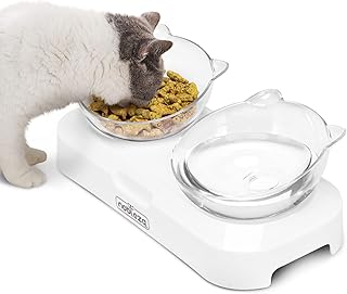 Nobleza Cat Food and Water Bowl Double Cat Bowls with Stand Tilted 0&15° Raised Cat Bowl Cat Feeding Bowl Tilted Cat Bowl Elevated Cat Bowl Plastic Cat Bowl Pet Bowl for Cats, Kittens and Small Dogs