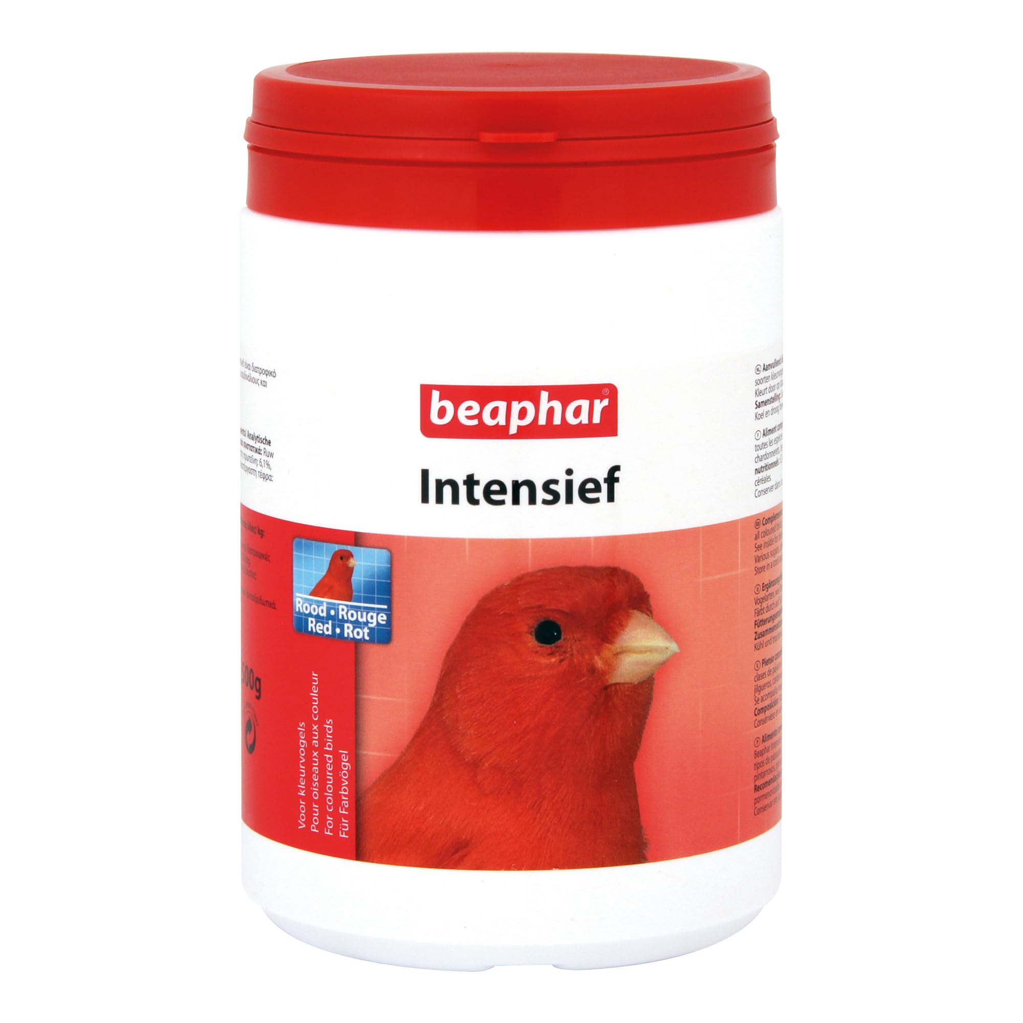 Intensief for Coloured Birds – With Carophyll Red to Intensify Red Colouring – Add to Food/Water - Ideal for Use at Moulting - For Canaries, Linnets, Goldfinches, Cardinals & Flamingos 500g