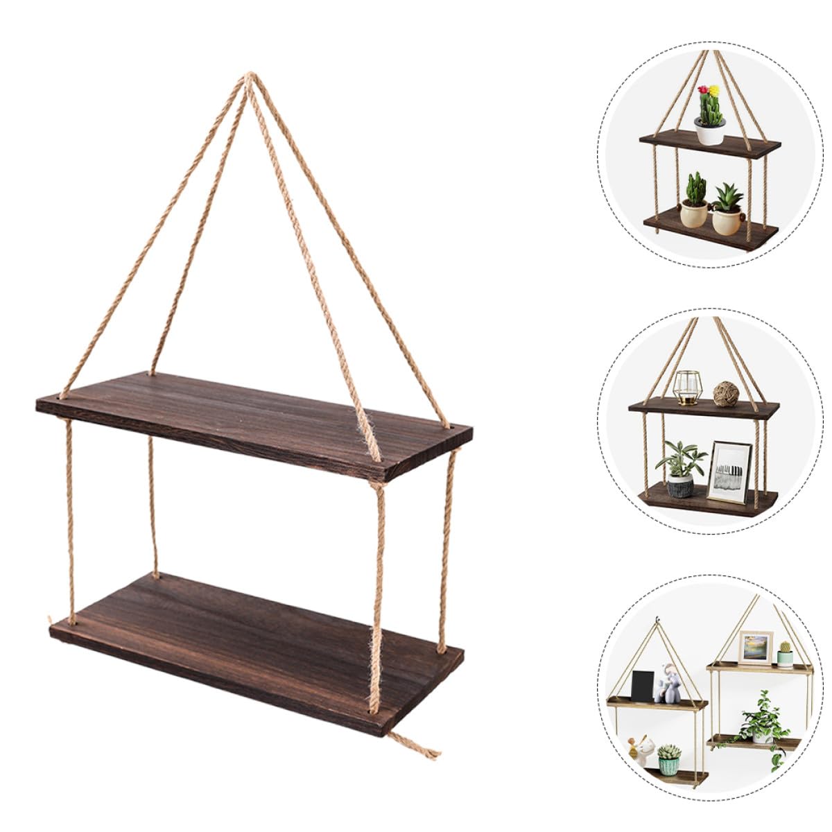 Mensole Sospese a Parete Boho in Legno Nero Corda di Juta Set Doppio Porta Piante e Oggetti Decorativi per Soggiorno Camera da Letto e Studio Supporto Rustico Multifunzione