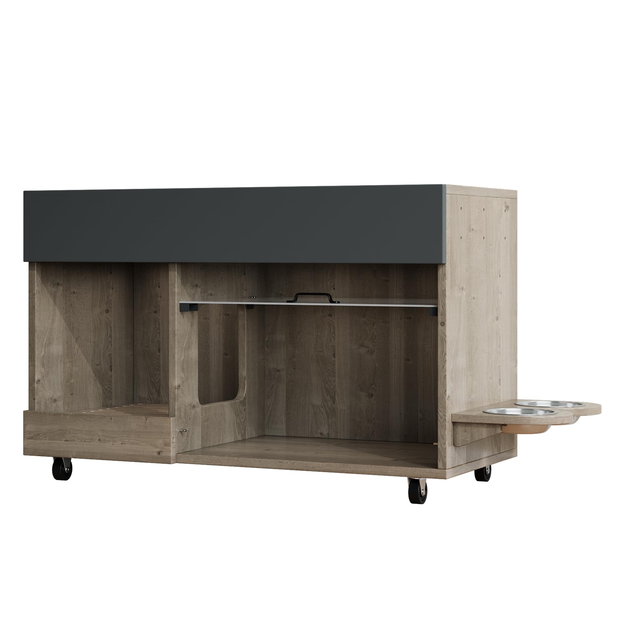 REXO Lettiera mobile per gatti con piatto per cibo per gatti, vassoio di raccolta della sabbia, piastra forata con gancio, senza lettiera per gatti, 100 × 45,5 × 67 cm, grigio antico e marrone, colore