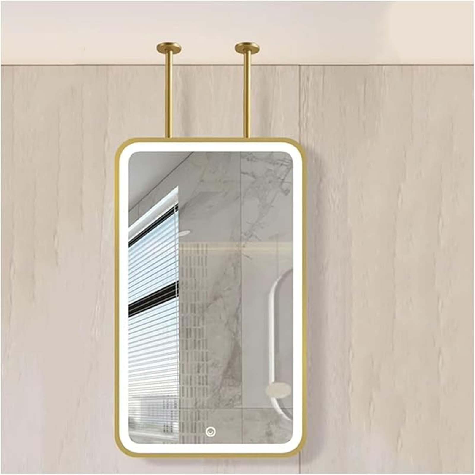 THEGA Ceiling Suspended LED Mirror, Ceiling Hanging Floating Mirror With LED Lighting Bathroom, Metal Frame, Vanity Shaving Makeup, For Mounted Decorative Above Sink(Gold,50x80cm)