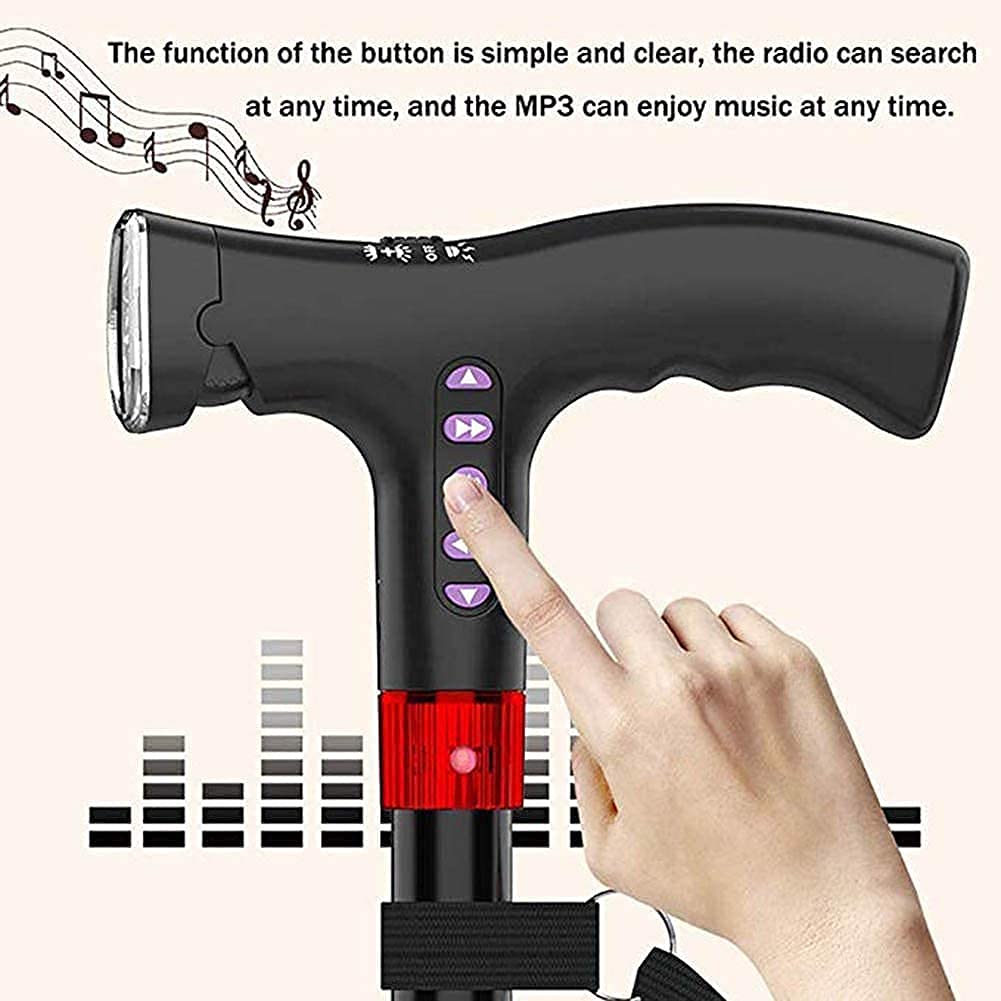 Bastón Plegable para Caminar con Alarma de luz Led, muletas portátiles de aleación de Aluminio Ligero con Radio Mp3 para Ancianos, Hombres, Mujeres y Familia Present