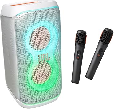 JBL PartyBox Club 120 - مكبر صوت محمول للحفلات بمقبض قابل للطي، صوت احترافي قوي، 12 ساعة من وقت اللعب أبيض + ميكروفونات لاسلكية رقمية JBL PartyBox، حزمة سوداء مزدوجة