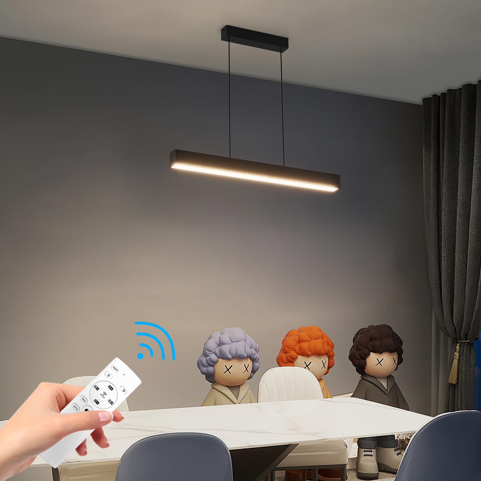 Klighten Led Lámpara Colgante De Comedor, Regulable 3000K–6000K, Lamparas de Techo Con Mando a Distancia, Lámpara De Comedor Diseño Lineal Altura Ajustable 150cm, Para Cocina Oficina, 60Cm/20W, Negro
