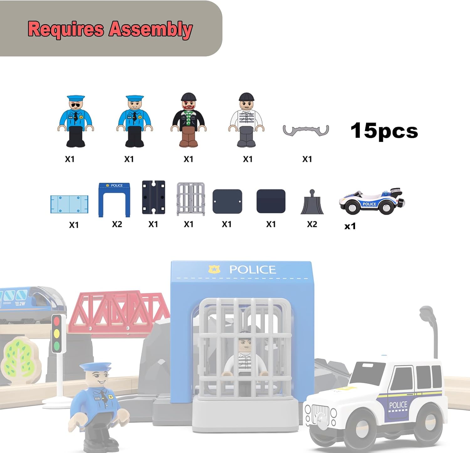 Police Station Toy for Wooden Tracks,Police Cars Playset Compatible with Brio Railway Train Set Piece,Perfect for Boys Toddlers 3 4 5