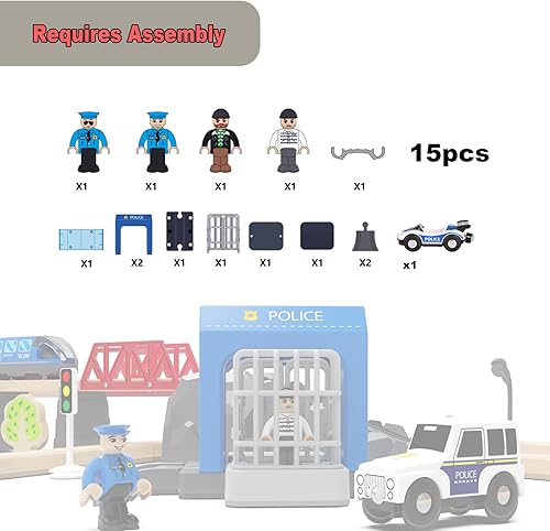 Miniatura 7 de Accesorios de madera para vías de tren, juguete de estación de oficina de policía compatible con Thomas & Brio, paquete de expansión de tren de