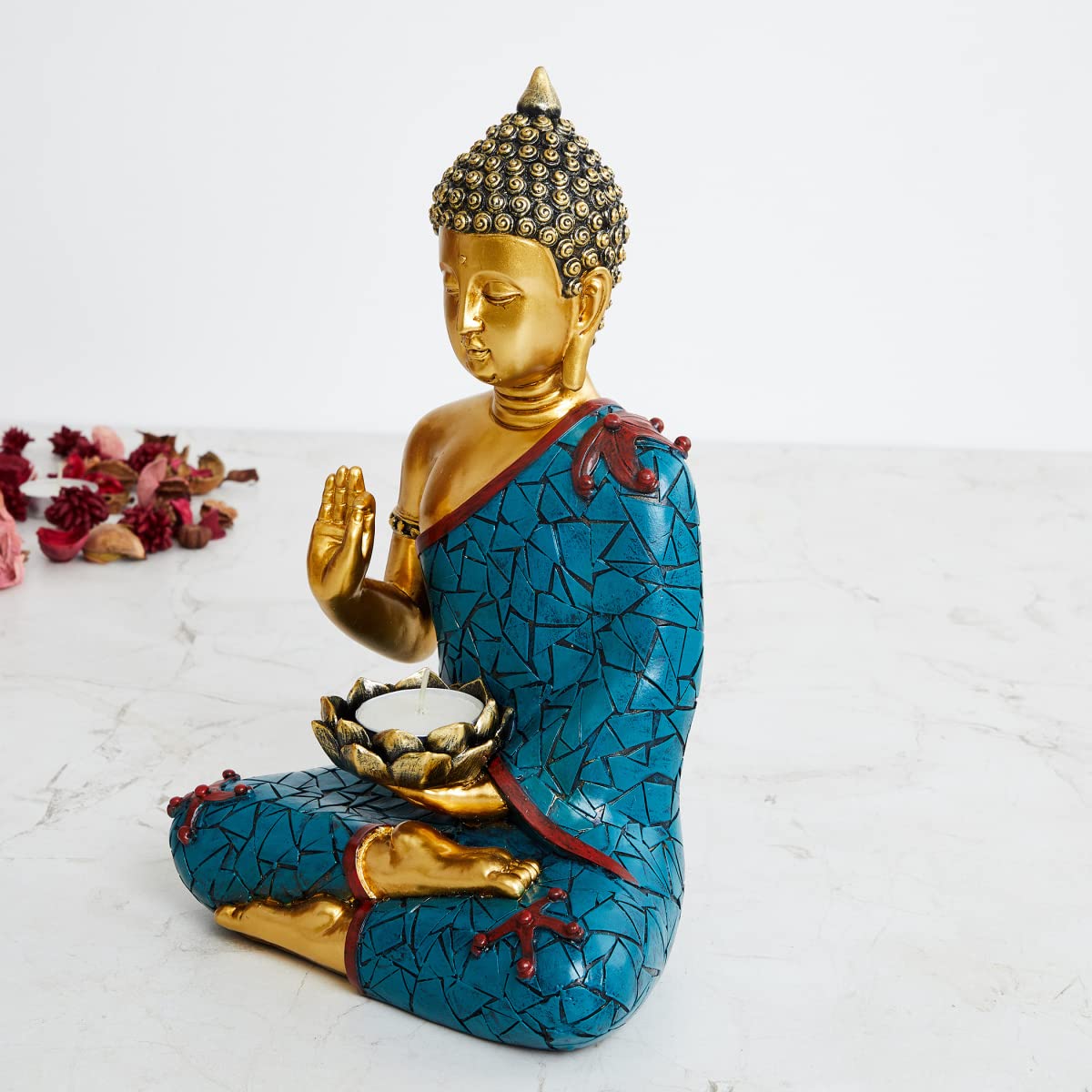 Home Centre Alpana Blue Polyresin Buddha Figurine with T-Light Holder-picture-10